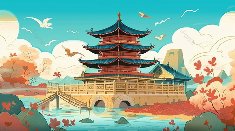 远处飞鸟中国古代亭台楼阁绿色自然风景斗拱古建筑湖泊插画,插画/手绘图,插画/手绘图库,插画/手绘图下载,插画/手绘